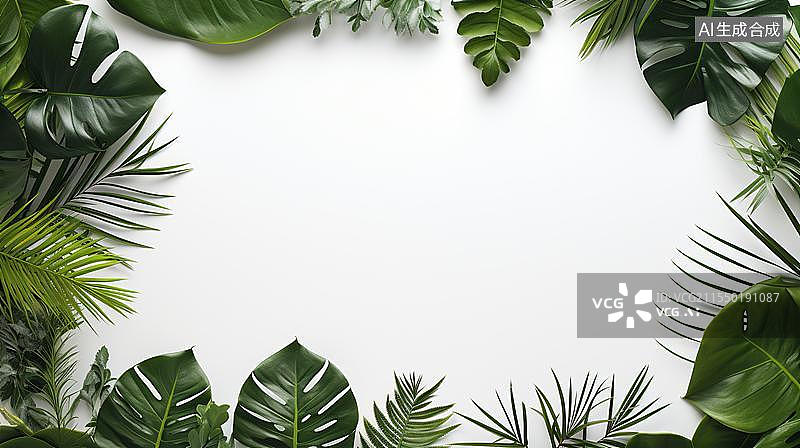 【AI数字艺术】白色背景下植物的特写镜头  绿意盎然的清新边框  生机勃勃的植物留白图片素材