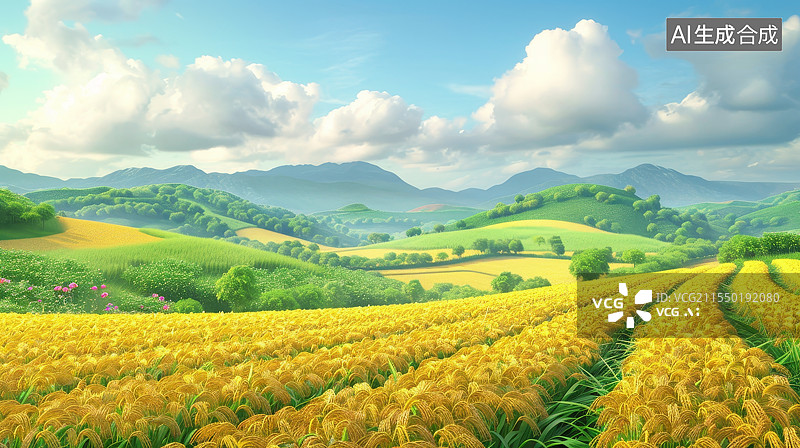 【AI数字艺术】蓝天白云下的黄色田野图片素材