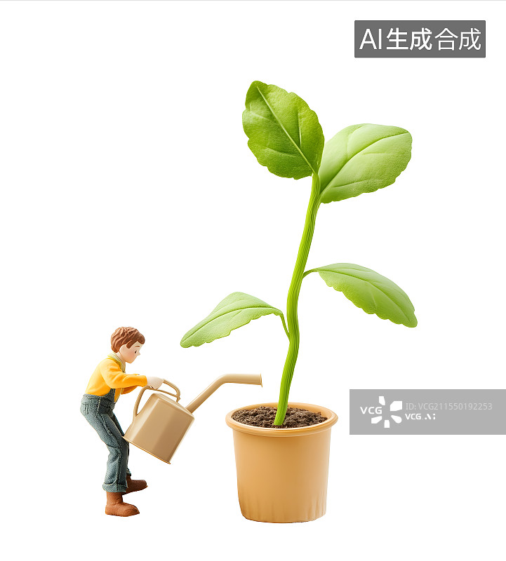 【AI数字艺术】给树苗浇水男孩3D卡通背景图片素材