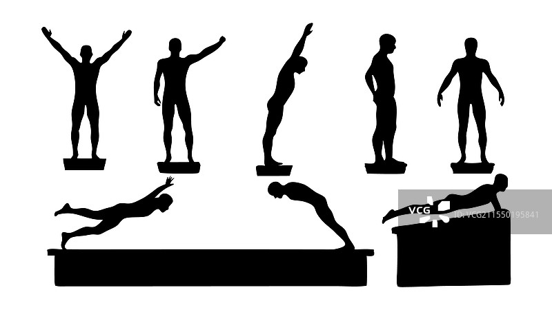 男性跳水板跳水剪影集，孤立展示图片素材