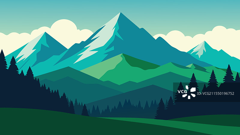 被绿色树木和草地环绕的山脉图片素材