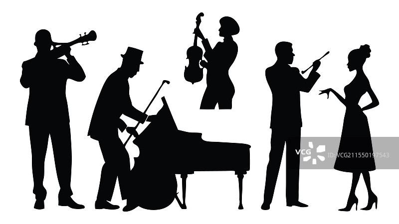钢琴家、歌手、低音提琴手、萨克斯演奏者、鼓手图片素材