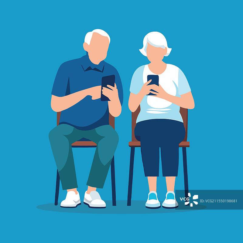 老年夫妇在平面背景下使用智能手机图片素材
