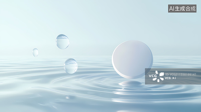 【AI数字艺术】浅蓝色水面上的白色圆球图片素材
