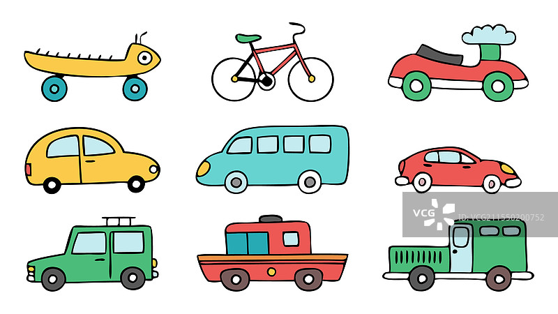 各种类型的手绘汽车图集在白色背景上图片素材