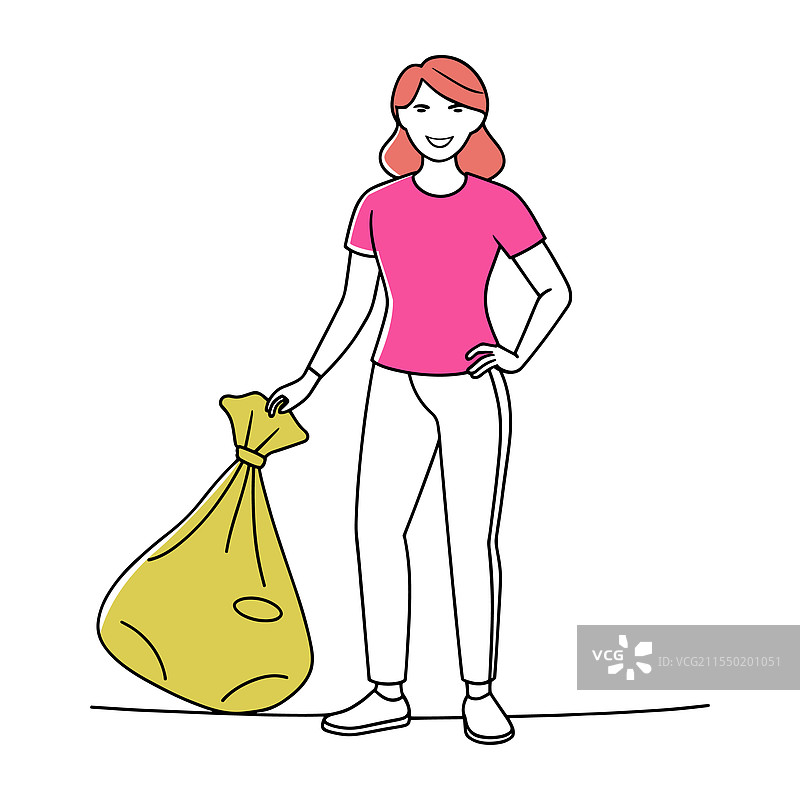 女人在户外手里拿着一袋垃圾图片素材