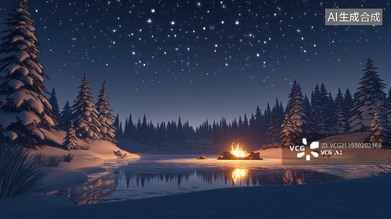 【AI数字艺术】冬夜篝火静谧森林图片素材