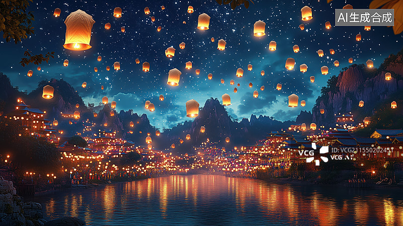 【AI数字艺术】夜空飞翔的孔明灯图片素材
