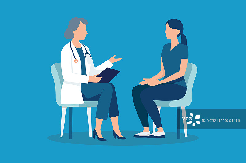 女性医生与患者交谈，背景为单色平面设计图片素材