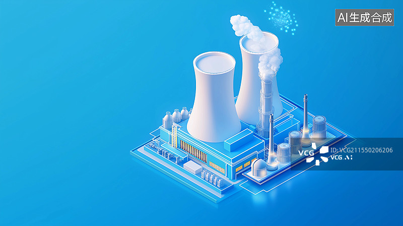 【AI数字艺术】互联网科技蓝色背景——核电站的全息投影 等轴视图图片素材