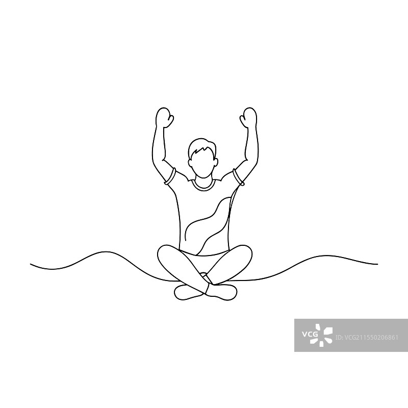 男子坐在地板上，双手举起。图片素材