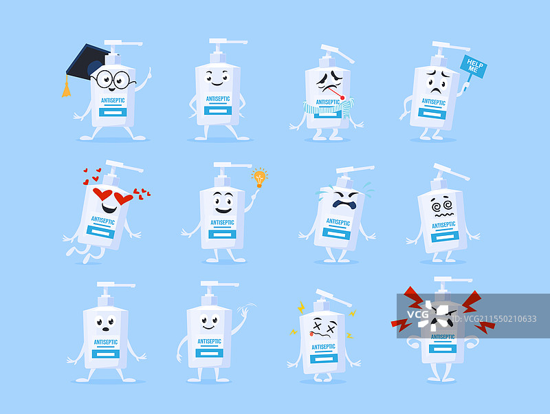 展示各种情感的消毒剂角色图片素材