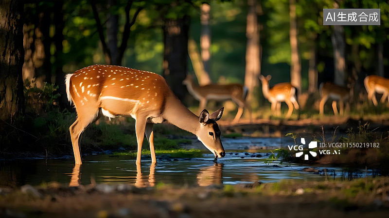 【AI数字艺术】鹿站在湖中游泳的侧视图图片素材