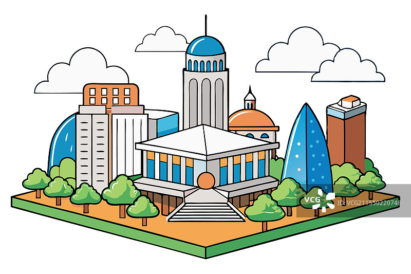 生机勃勃的城市，展示摩天大楼与绿意盎然的景观图片素材