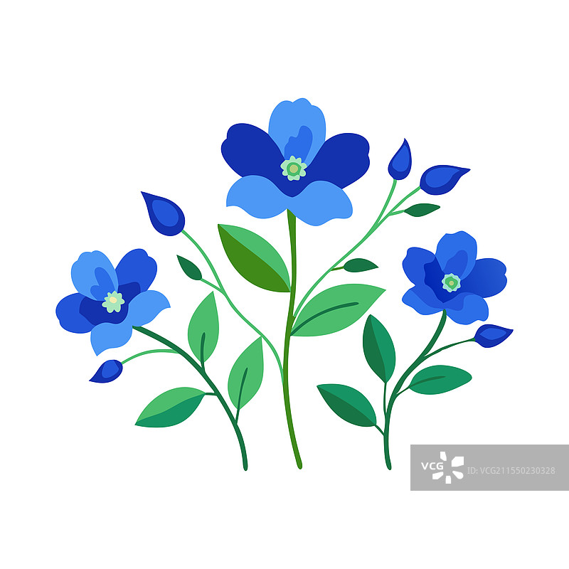 蓝色花朵与绿色叶子孤立平铺图片素材