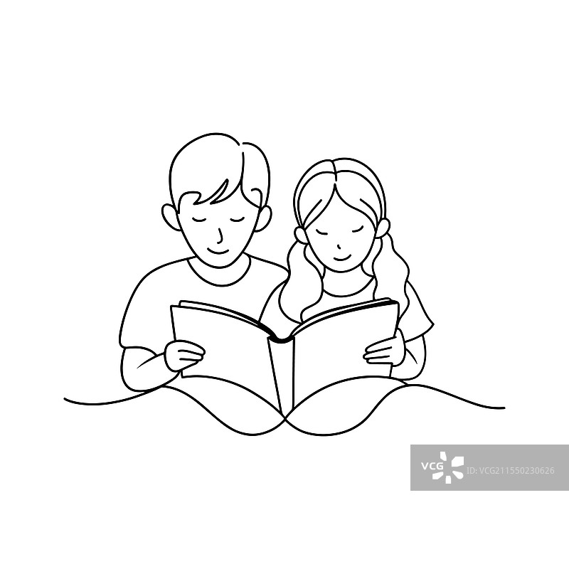 男孩和女孩阅读书籍的连续线条艺术图片素材