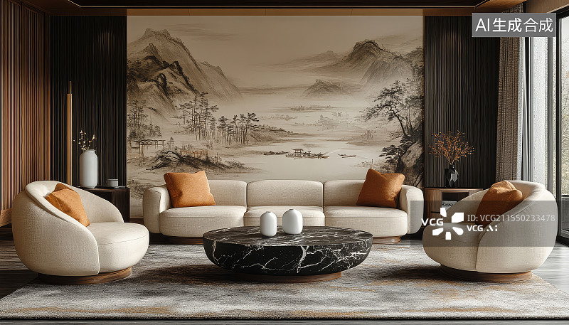 【AI数字艺术】现代简约明亮的新中式客厅室内空间图片素材