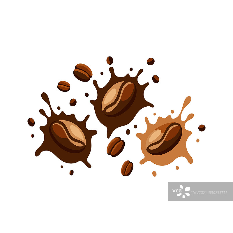 咖啡溅落与咖啡豆组合，独立平铺展示图片素材