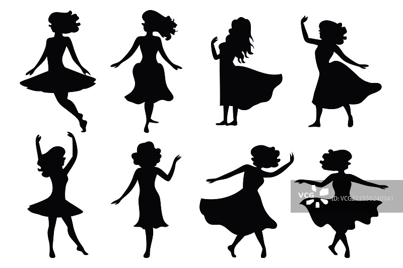 舞者女孩剪影集，独立于白色背景图片素材