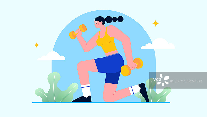 举哑铃健身的健康女性插画图片素材