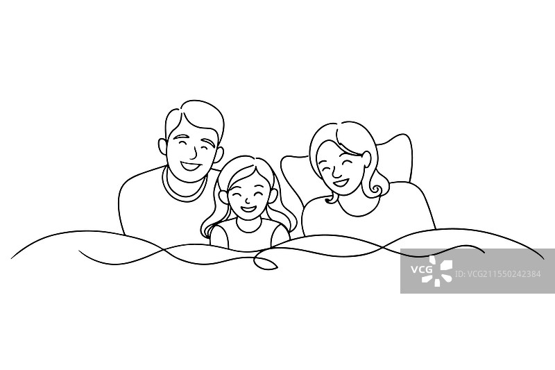 一家人一起躺在床上的连续线条画图片素材