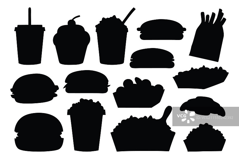 快餐各种食品剪影集隔离展示图片素材