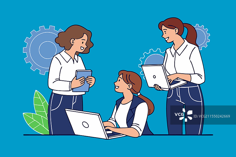 女性团队在现代办公室中协作图片素材