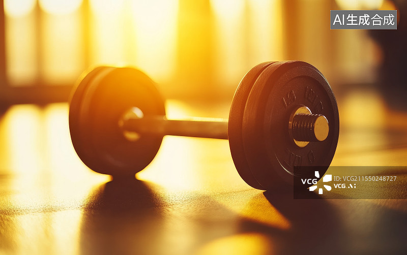 【AI数字艺术】夕阳下健身房中的哑铃光影交错图片素材