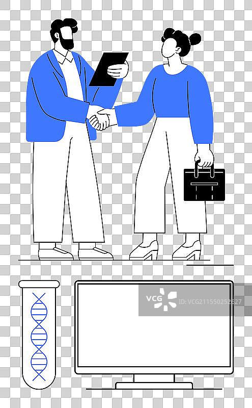 专业人士握手，背景是DNA螺旋结构图片素材