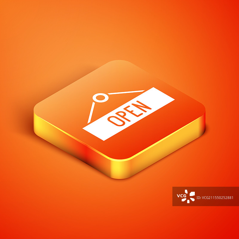 等距悬挂标志，带有“开放”门图标的文字图片素材