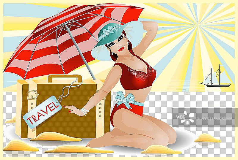旅行女孩与手提包和VIP卡的插图图片素材