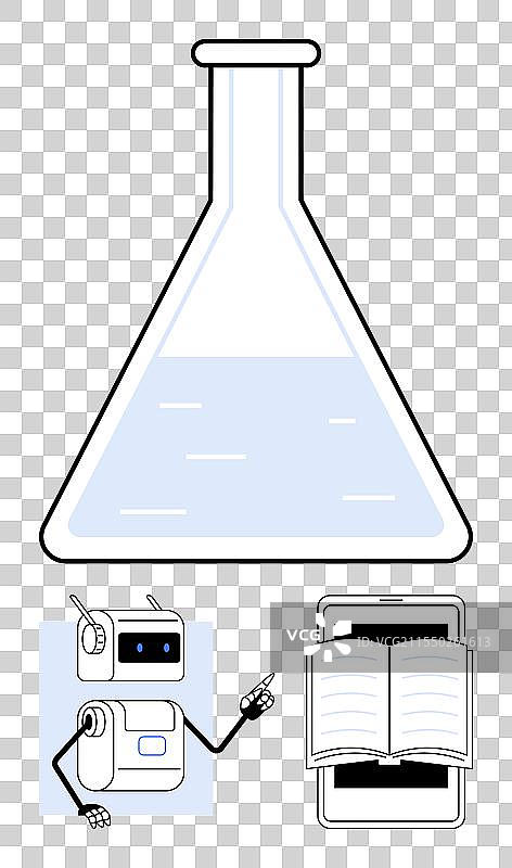 带有液体的烧瓶、机器人指针和打开的书图片素材
