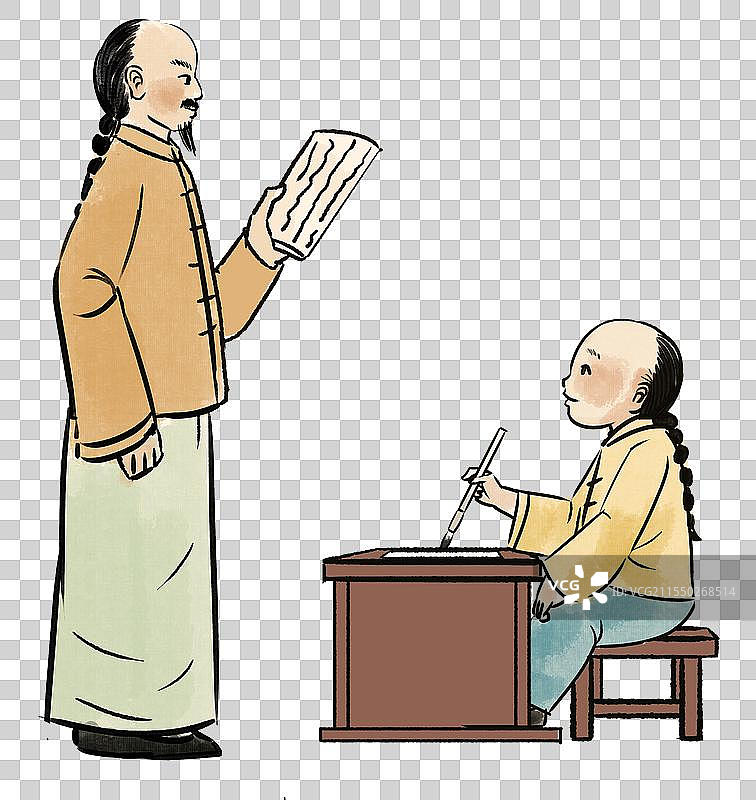 中国风新中式古风古典传统文化古装古人古代古时候私塾学习进步老师教育孩童资讯卡通插画图片素材