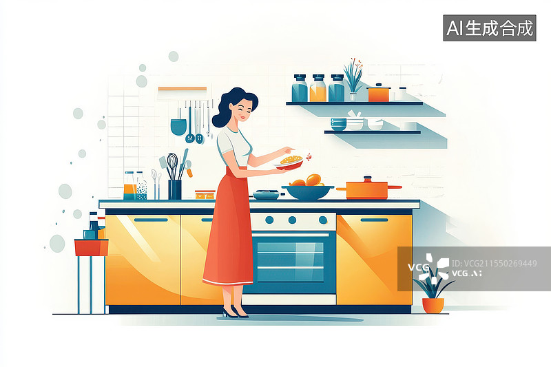 【AI数字艺术】女人在厨房简约插画图片素材