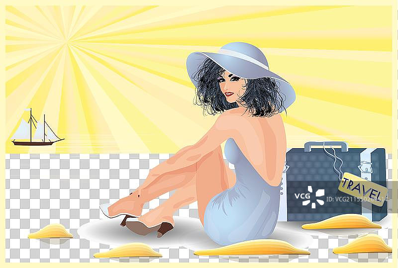 旅行女孩与包的邀请卡插图图片素材