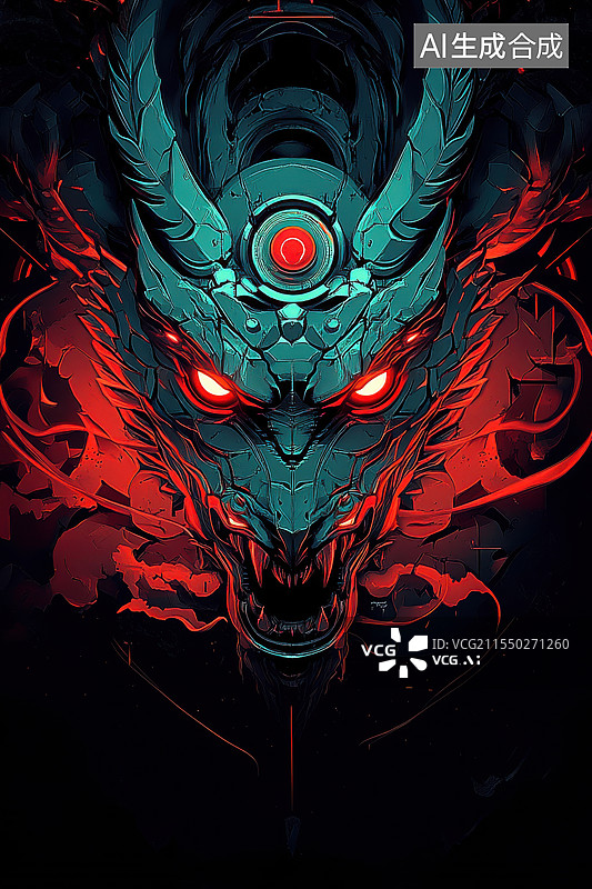 【AI数字艺术】机械龙王赛博朋克故障风概念插图图片素材