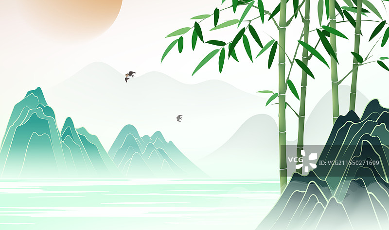 中国风横版插图竹子和山水图片素材