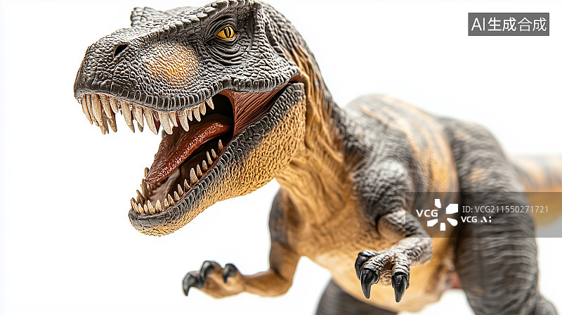 【AI数字艺术】T-Rex恐龙雕像的极近拍摄，背景为纯白色，展示戏剧性的侧光效果，清晰的细节和纹理。非常适合展示精细图片素材