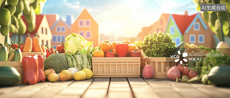 【AI数字艺术】户外蔬菜市场与色彩鲜艳的房屋卡通插画图片素材