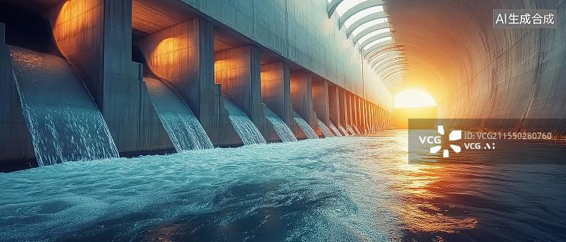 【AI数字艺术】夕阳下的水坝与水库水流景观摄影图片素材