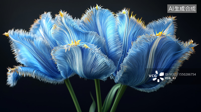 【AI数字艺术】黑色背景蓝色花卉图片素材