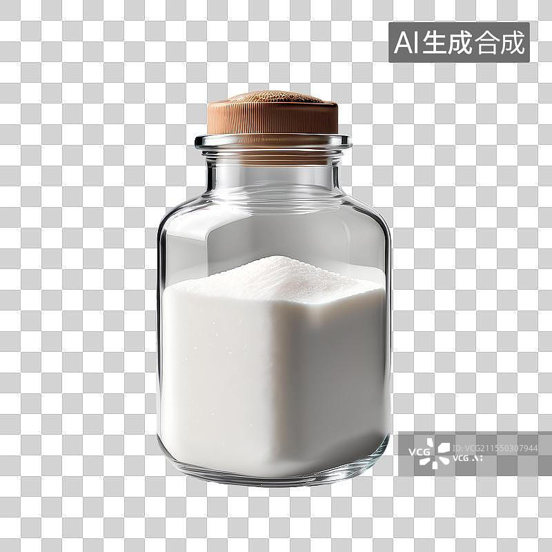 【AI数字艺术】3D渲染，玻璃瓶里的白色粉末，食盐，免抠元素图片素材