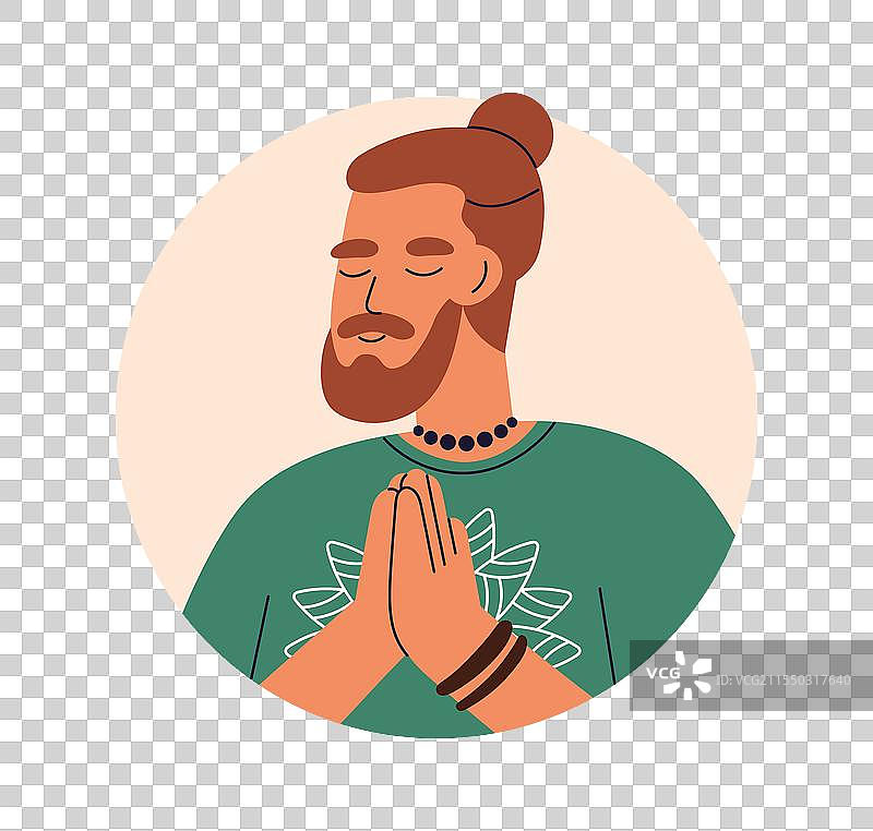 冥想中的胡子男人，双手合十呈禅意图片素材