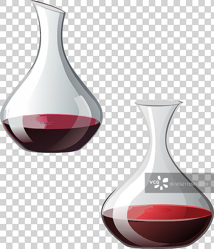 两个装有红酒的酒壶放在白色背景上图片素材