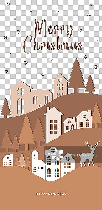 村庄里的圣诞快乐剪纸与树图片素材