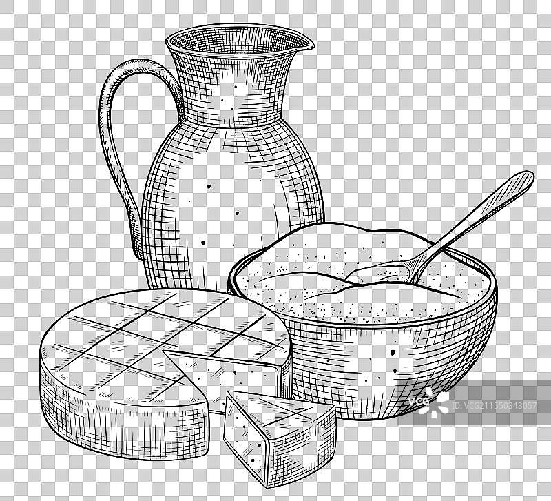 装有牛奶的水壶和奶酪轮图片素材