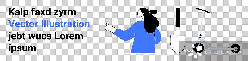 女人指着一个铲子和滑板车图片素材