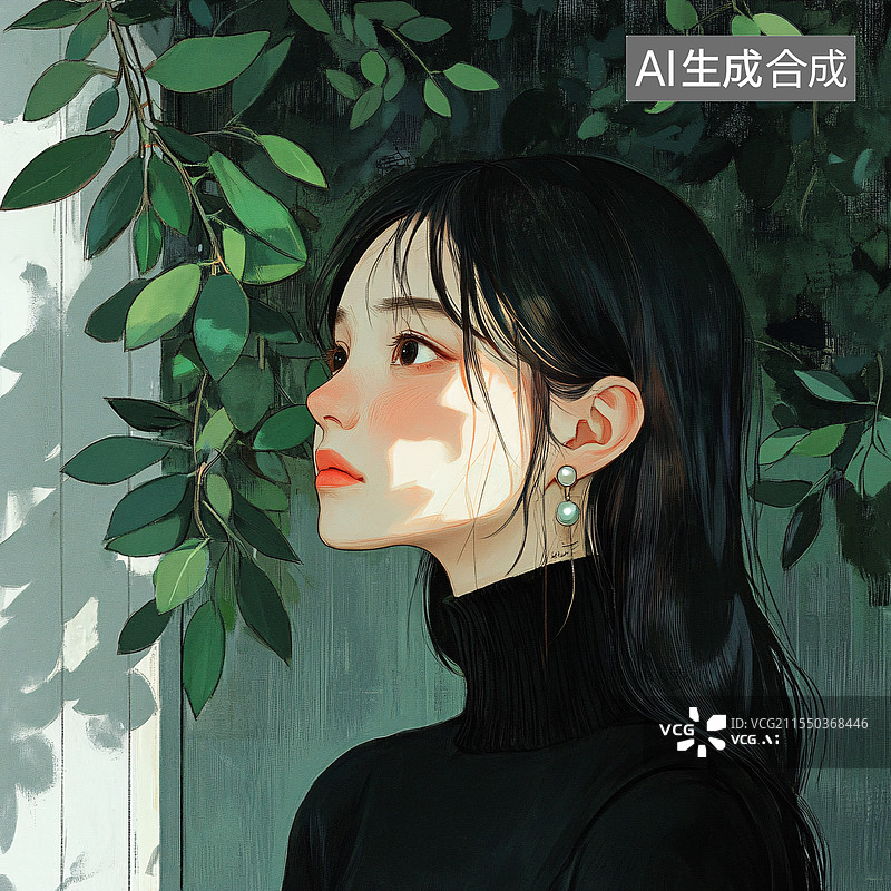 【AI数字艺术】绿意光影下的少女图片素材