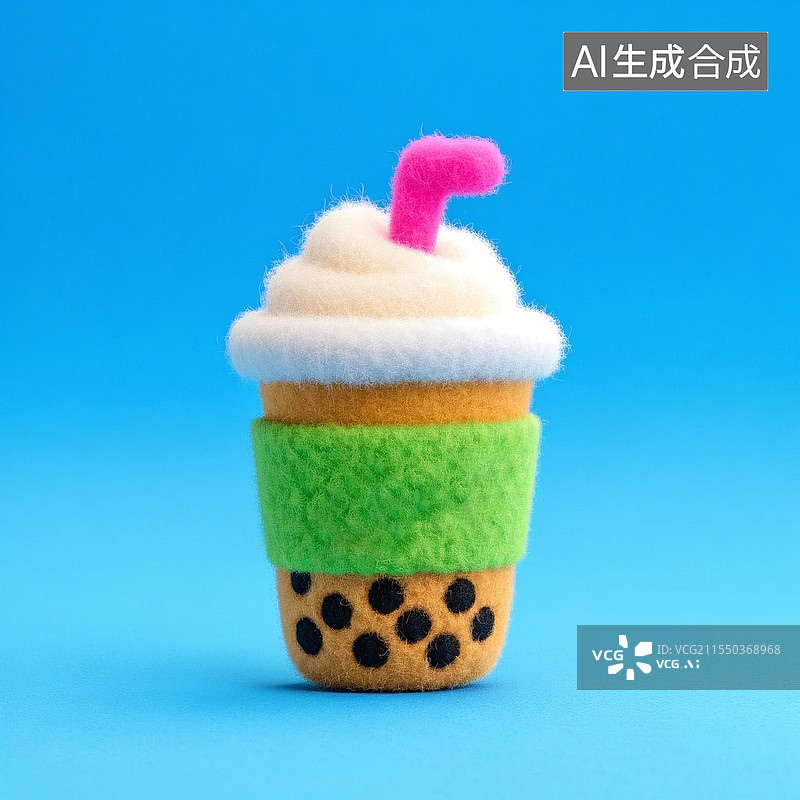 【AI数字艺术】3D卡通毛毡风格珍珠奶茶图片素材
