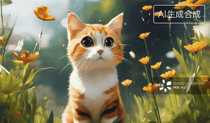 【AI数字艺术】花间小猫图片素材